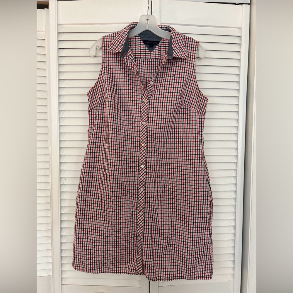 Tommy Hilfiger Women's Sleeveless Collared Dress Gingham Red And Blue Size 10